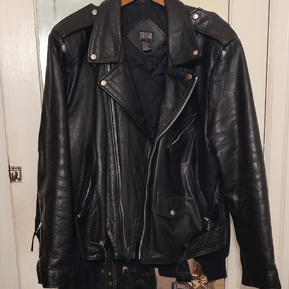 Black Leather Biker Jacket with Shoulder Epaulettes
